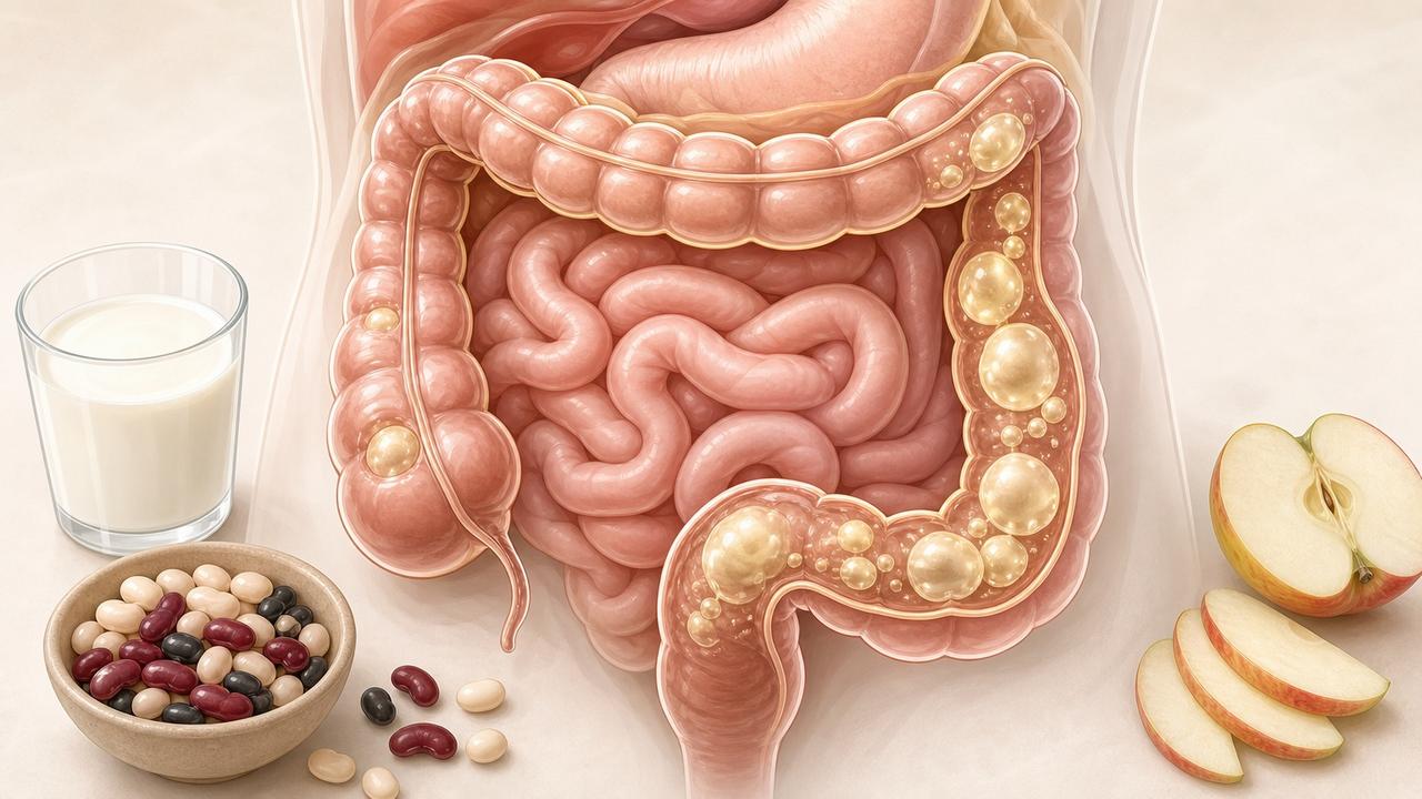Fermentação intestinal e alimentos fermentáveis influenciam distensão, flatulência e desconforto abdominal.