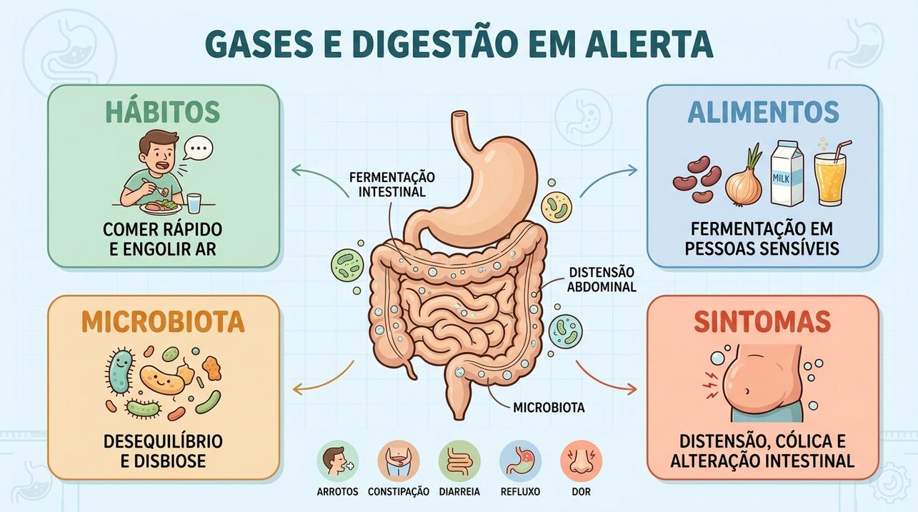 Infográfico resume hábitos, alimentos, microbiota e sintomas ligados aos gases.