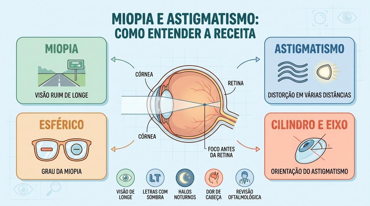 Infográfico explica miopia, astigmatismo e os campos principais da receita oftalmológica.