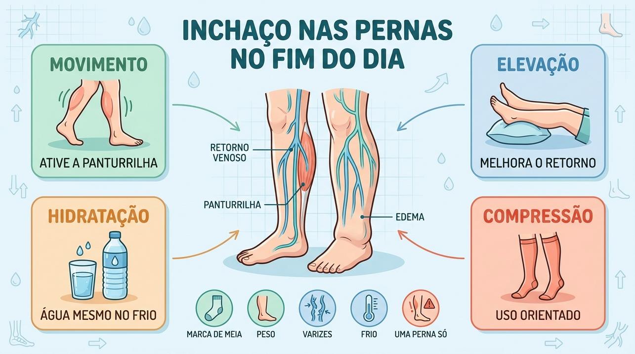 Movimento, elevação, hidratação e compressão ajudam a reduzir o edema venoso.