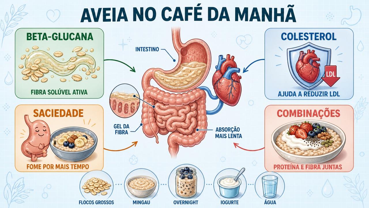 Beta-glucana, LDL, saciedade e combinações explicam os efeitos da aveia.