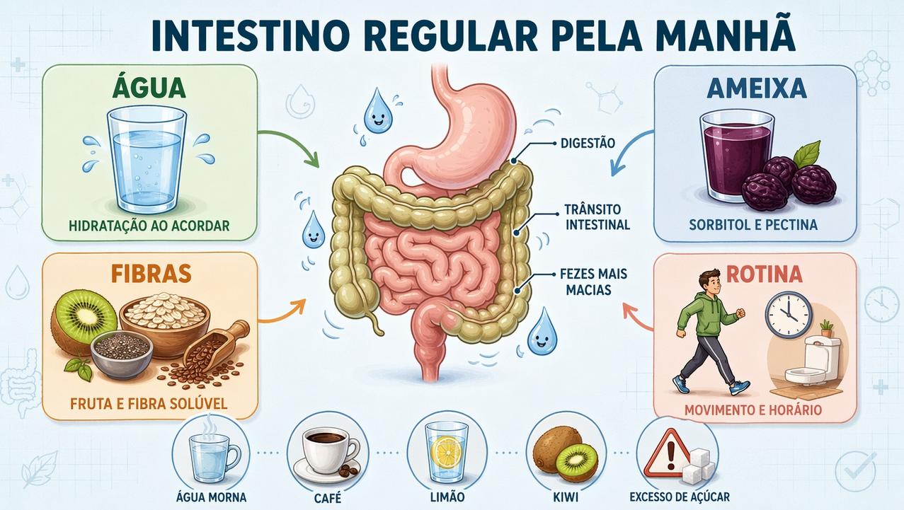 Hidratação, ameixa, fibras e rotina formam os pilares do intestino regular.