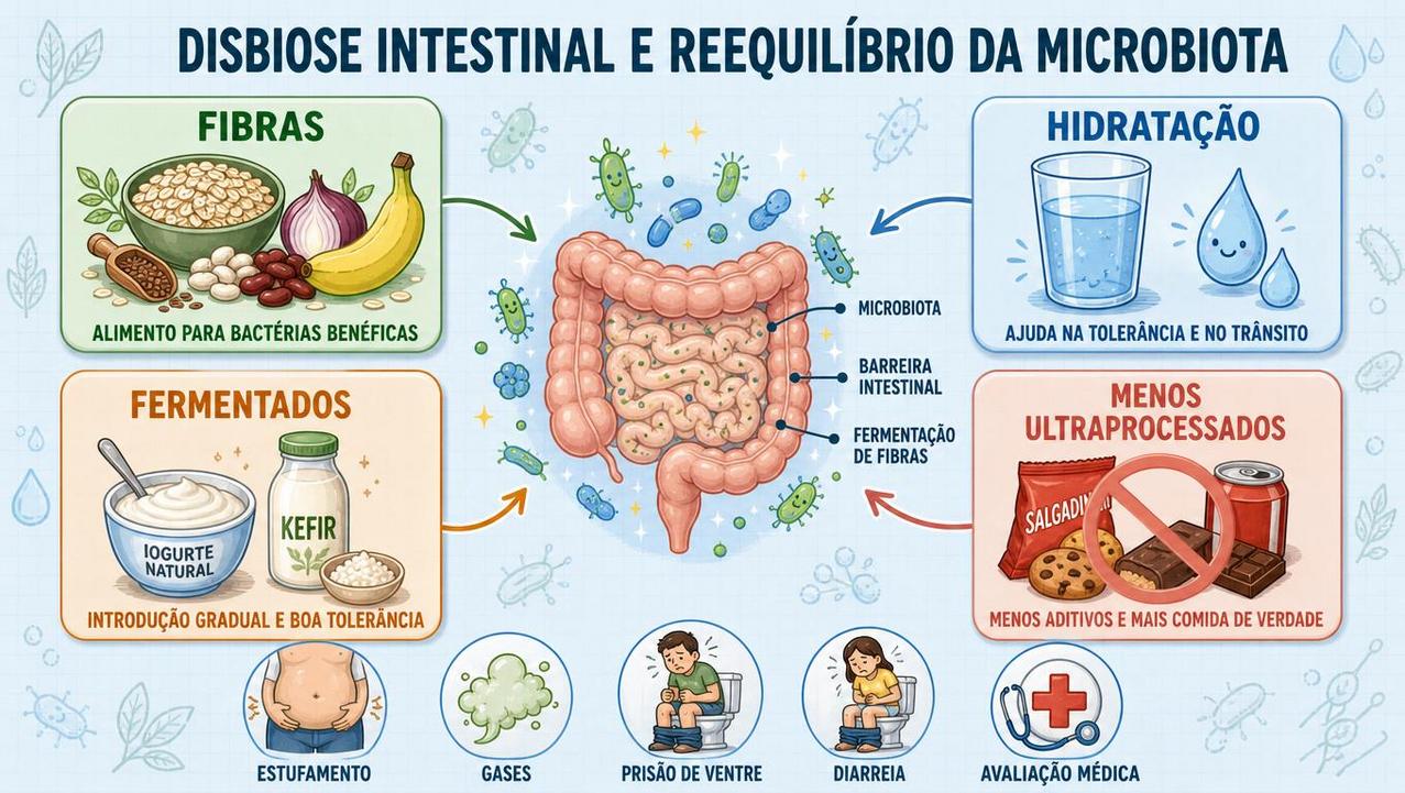 Fibras, hidratação, fermentados e menos ultraprocessados favorecem o equilíbrio intestinal.
