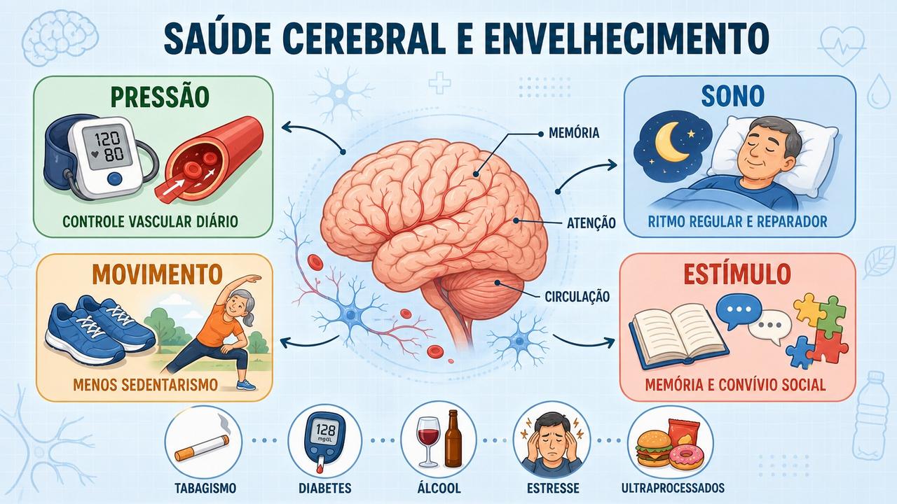 Pressão, sono, movimento e estímulo mental sustentam a saúde cerebral.