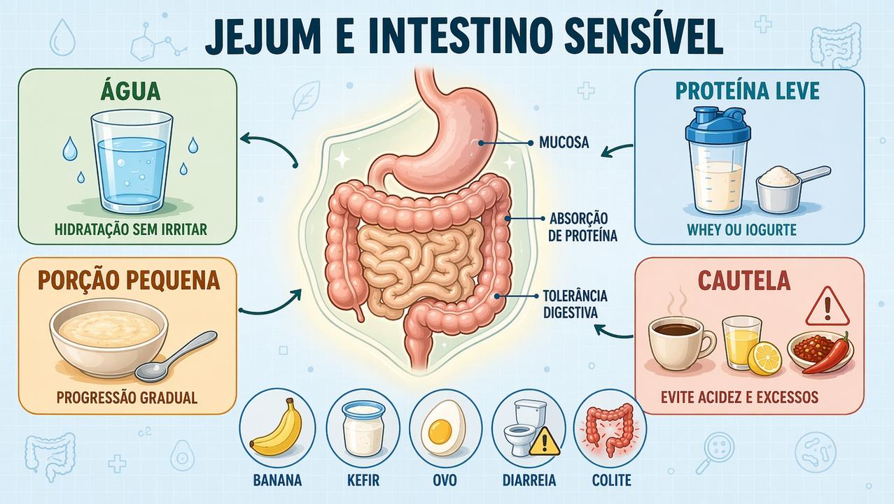 Hidratação, proteína leve, progressão gradual e cautela orientam o jejum matinal.