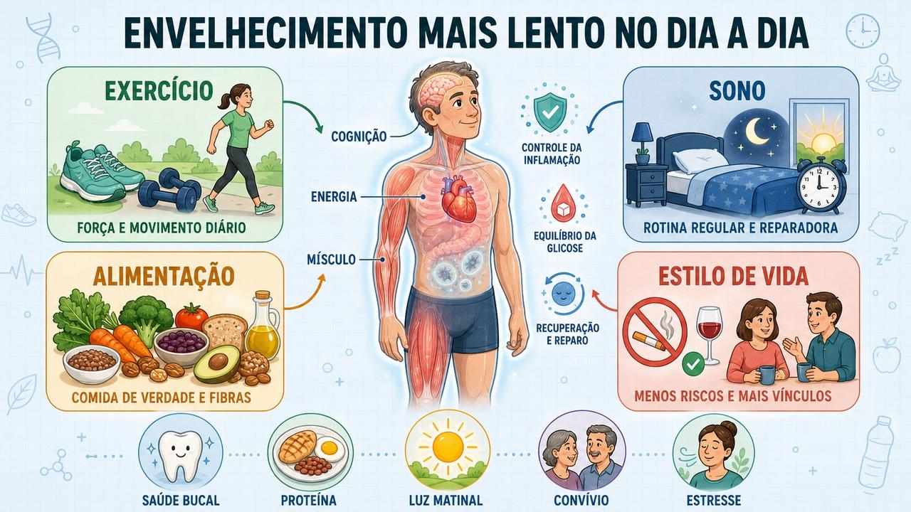 Exercício, sono, alimentação e estilo de vida sustentam um envelhecimento mais saudável.