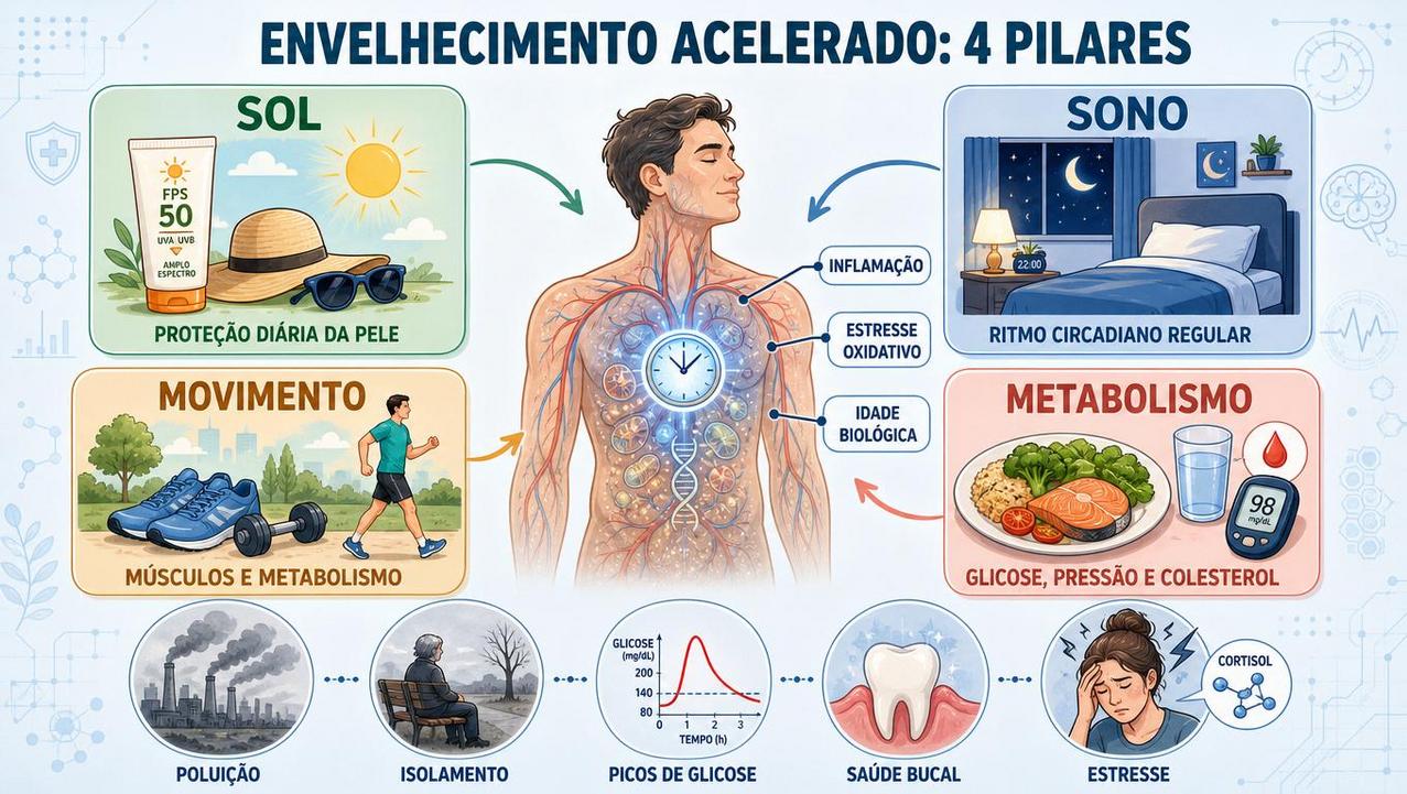 Sol, sono, movimento e metabolismo formam pilares contra o envelhecimento acelerado.