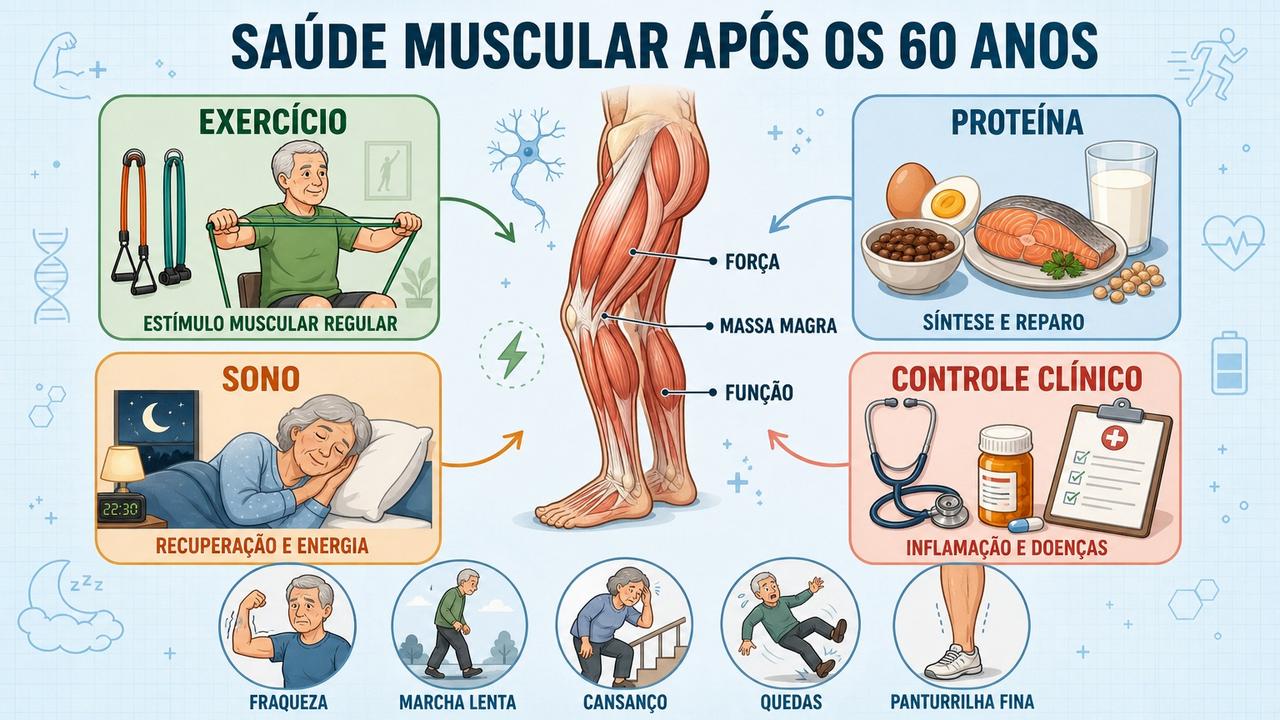 Exercício, proteína, sono e controle clínico ajudam a preservar músculos.
