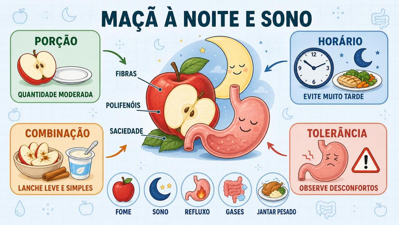 Porção, horário, combinação e tolerância orientam o consumo noturno da maçã.
