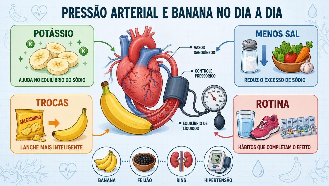 Potássio, menos sal, trocas inteligentes e rotina saudável influenciam a pressão.