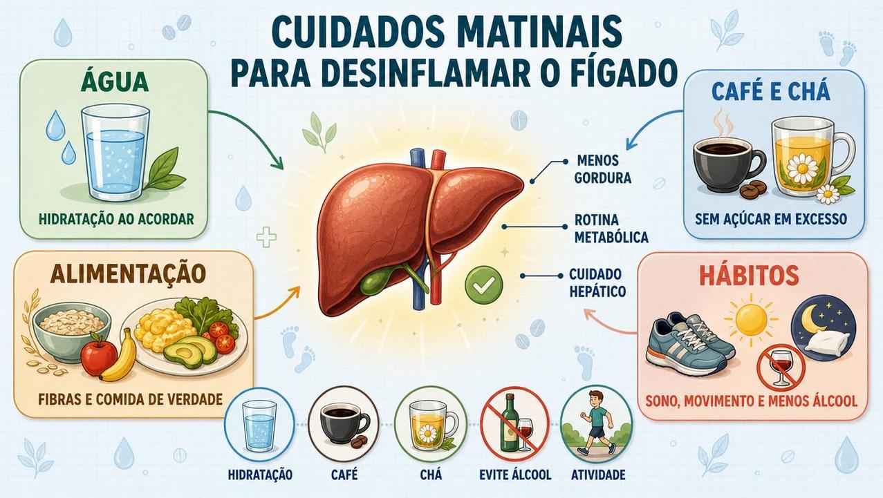 Hidratação, bebidas simples, alimentação e hábitos saudáveis formam os pilares matinais.