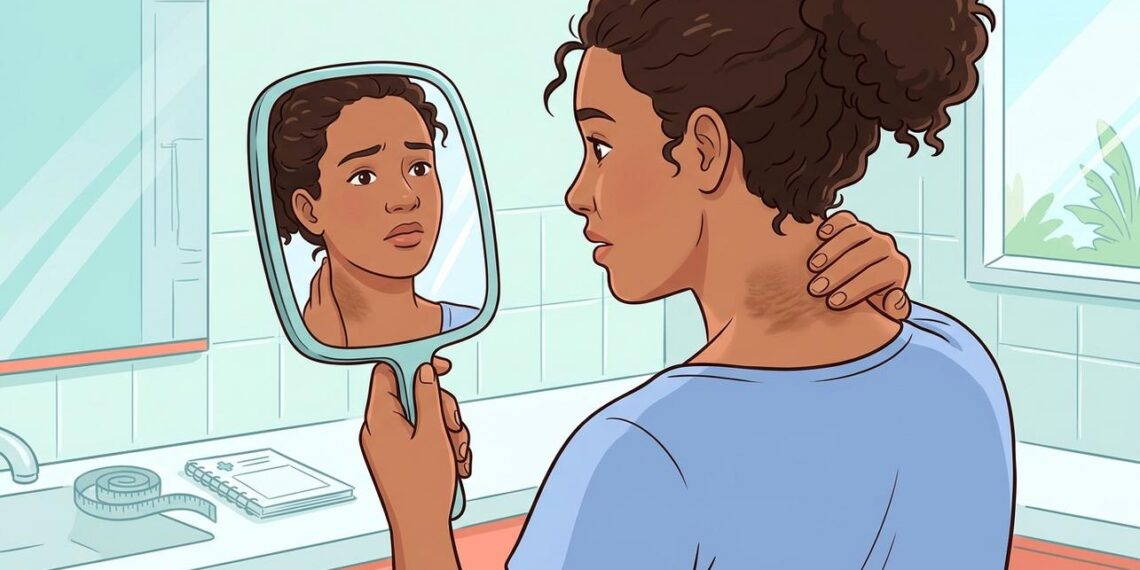 O sinal na pele, como o escurecimento do pescoço, que pode indicar resistência à insulina antes da glicose subir