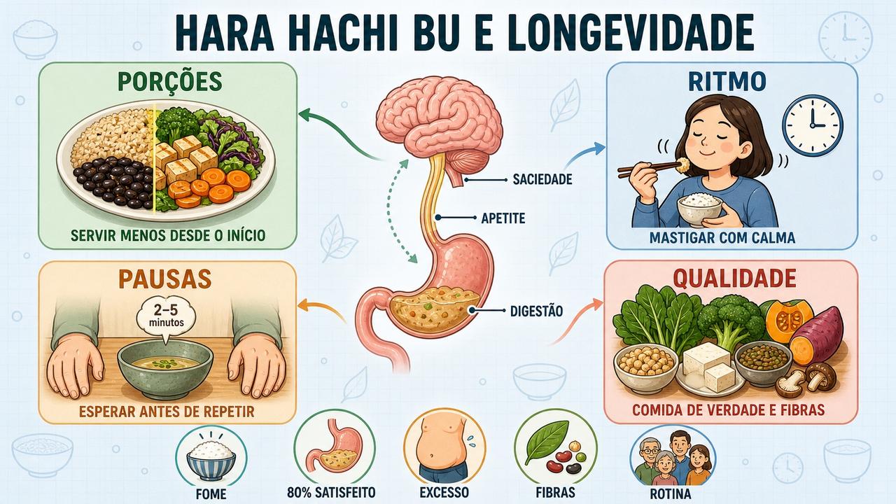 Porções, ritmo, pausas e qualidade alimentar sustentam o hara hachi bu.