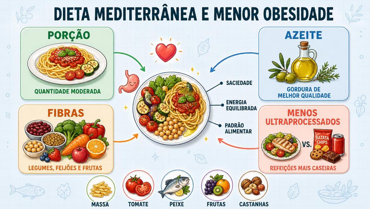 Porção, azeite, fibras e menos ultraprocessados sustentam a dieta mediterrânea tradicional.