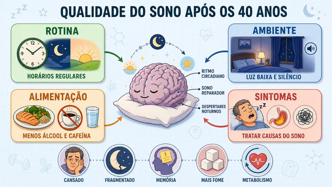 Rotina, ambiente, alimentação e sintomas moldam a qualidade do sono.