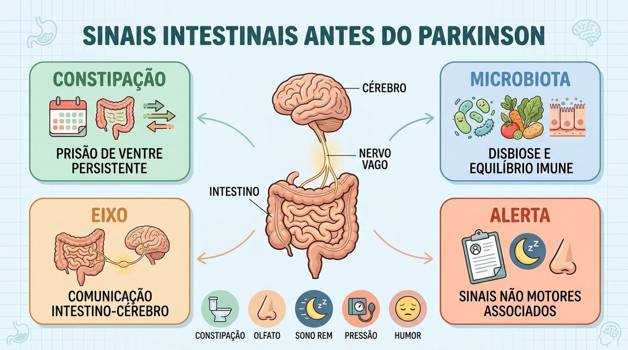 Infográfico resume microbiota, constipação, eixo intestino-cérebro e sinais precoces associados.