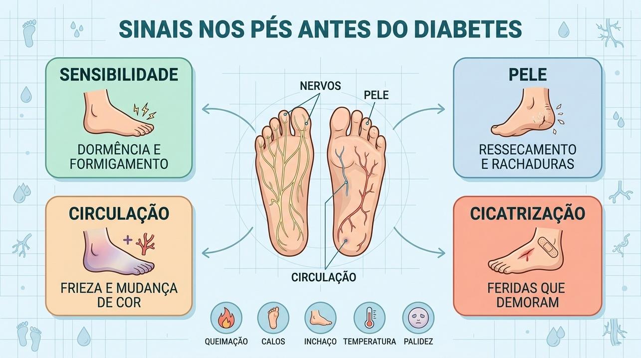 Sensibilidade, pele, circulação e cicatrização revelam alertas precoces nos pés.
