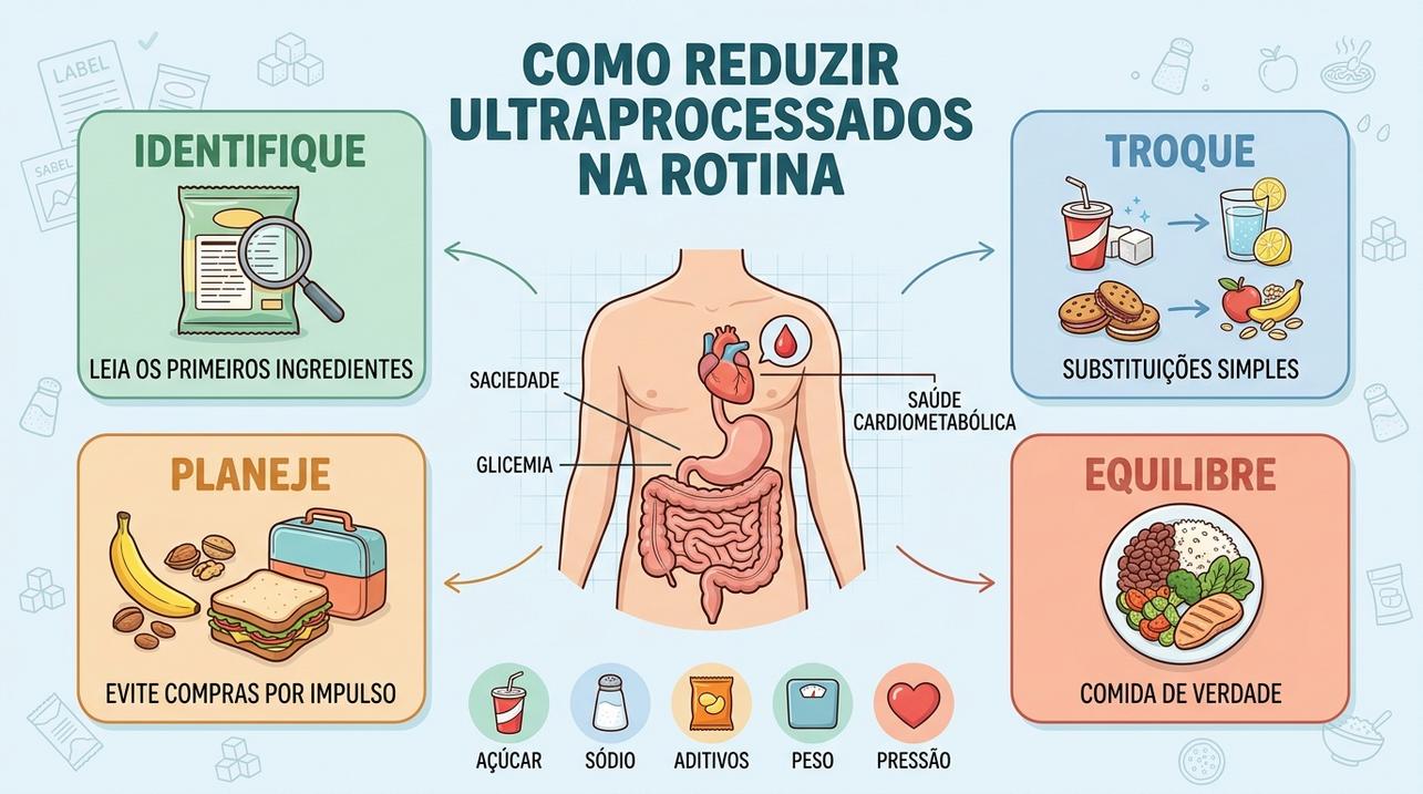 Infográfico mostra quatro passos para reduzir ultraprocessados e proteger o metabolismo.