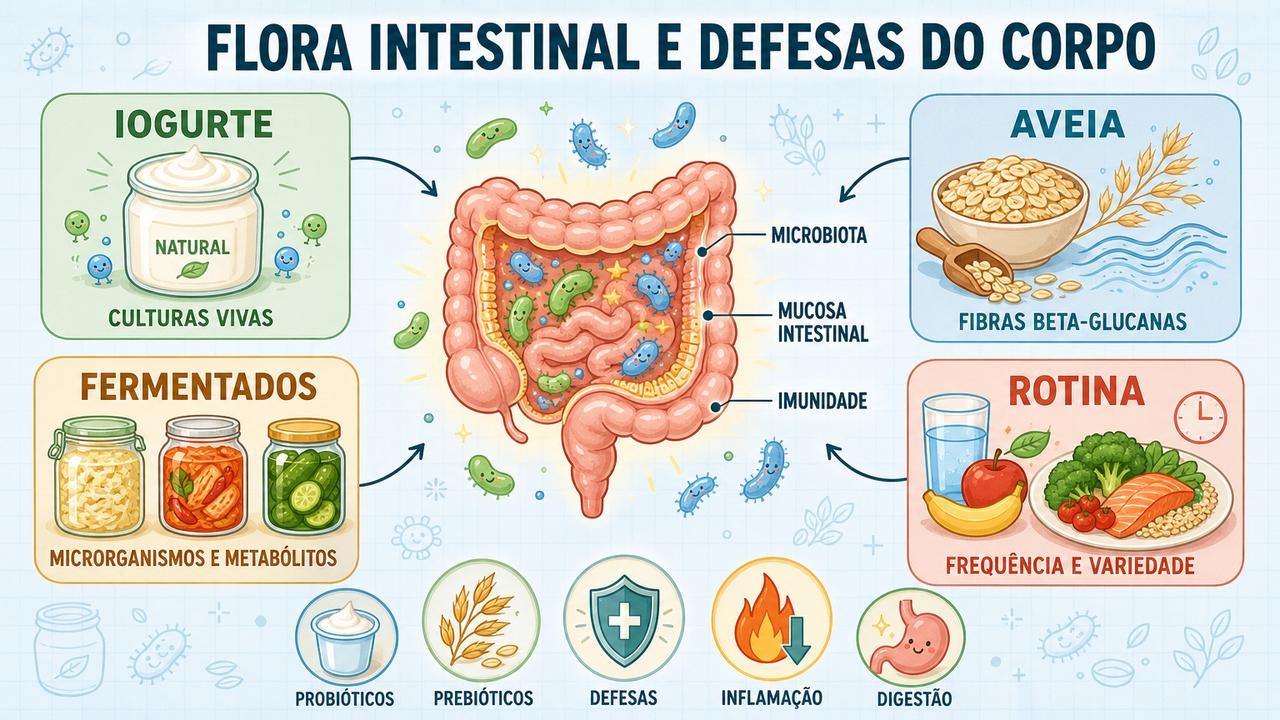 Infográfico resume os pilares alimentares que fortalecem microbiota, digestão e imunidade.