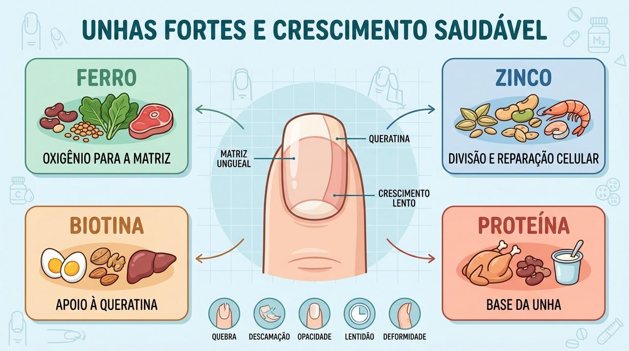Infográfico mostra nutrientes-chave para fortalecer unhas e melhorar seu crescimento.