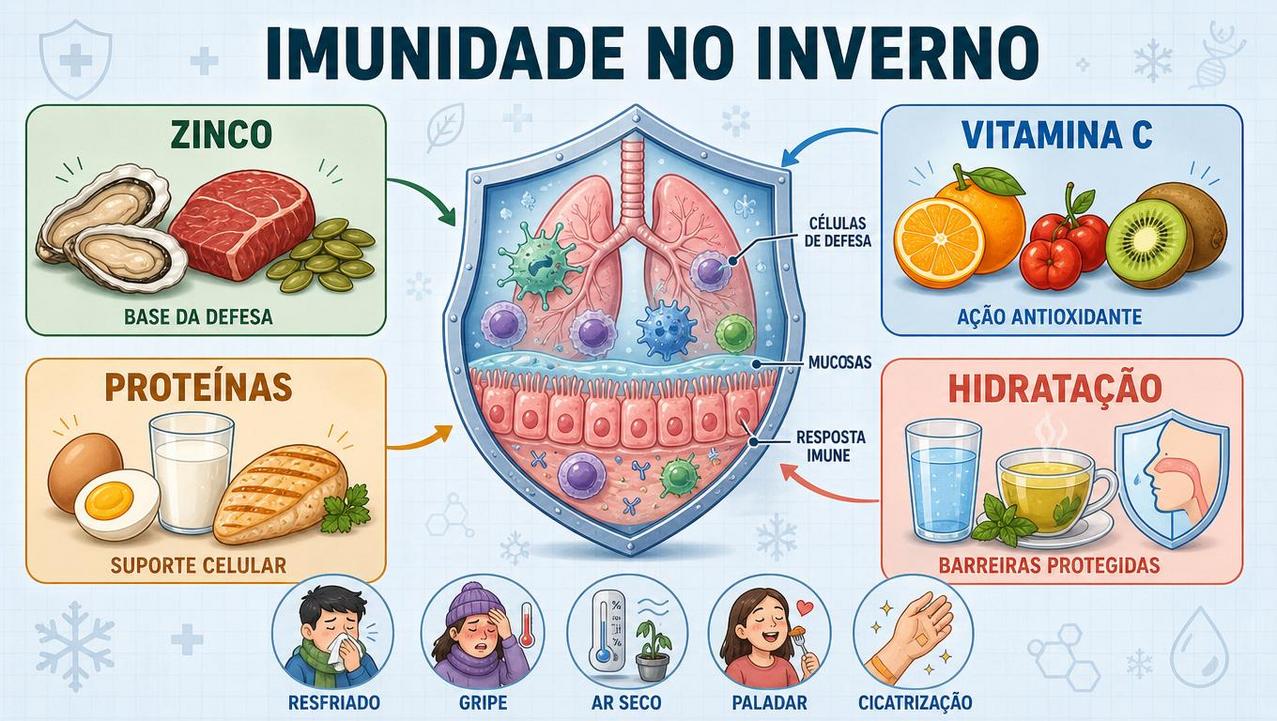 Quatro pilares da imunidade no inverno: zinco, vitamina C, proteínas e hidratação.