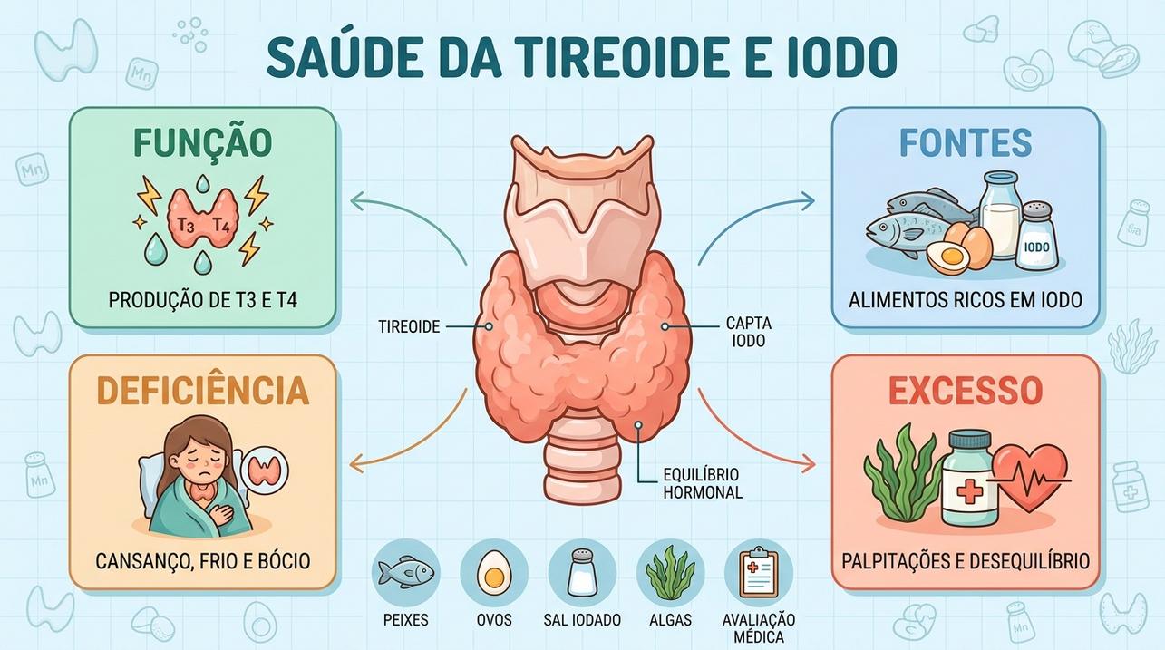 Função, fontes, deficiência e excesso resumem os pilares do iodo tireoidiano.