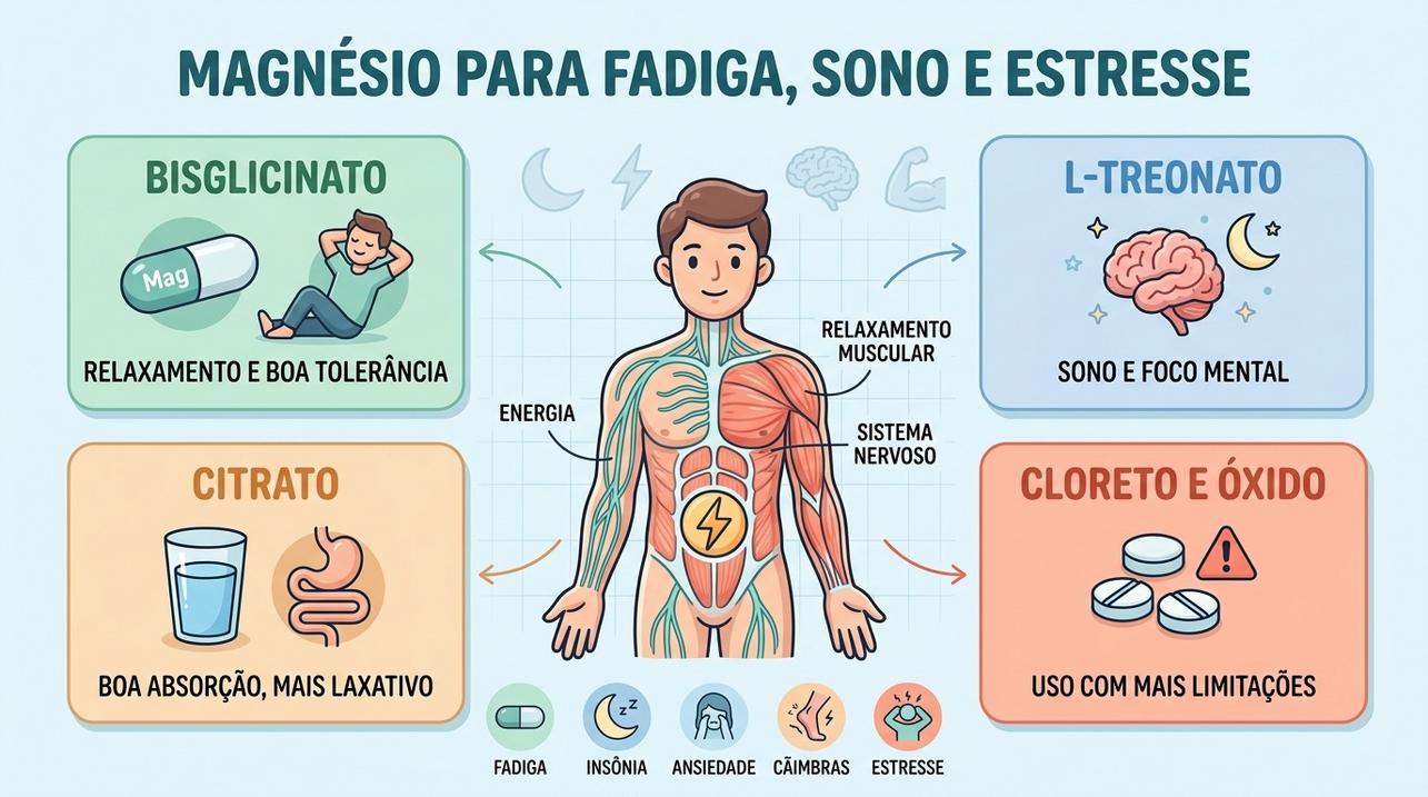 Bisglicinato, L-treonato e outras formas conforme sono, fadiga e tolerância.