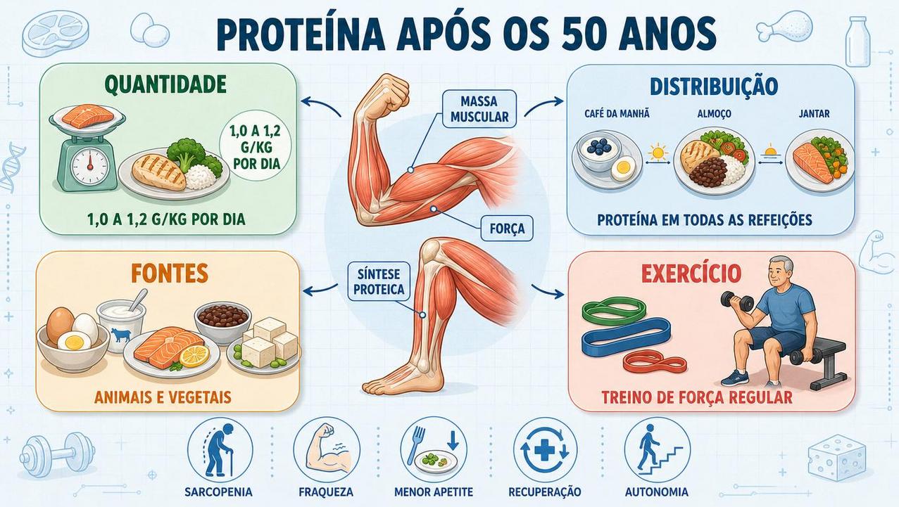Quantidade, distribuição, boas fontes e treino formam a base muscular após os 50.