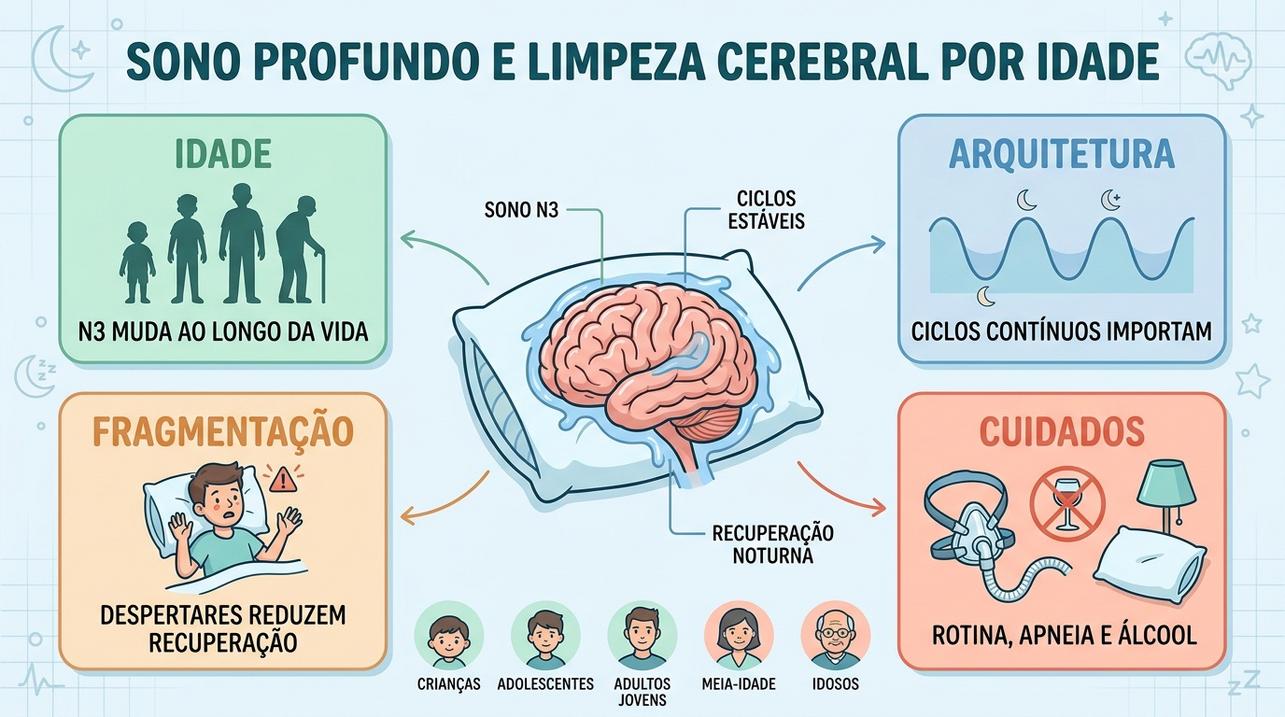 Idade, arquitetura do sono, fragmentação e cuidados moldam o sono profundo.