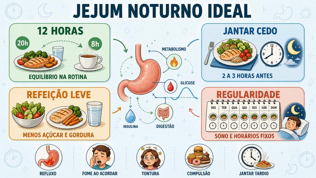 Infográfico resume os pilares do jejum noturno saudável entre 12 e 14 horas.