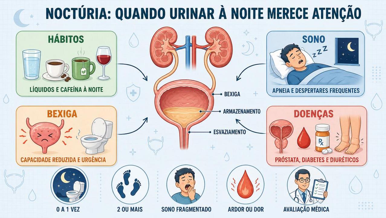 Hábitos, sono, bexiga e doenças influenciam a noctúria e o descanso.