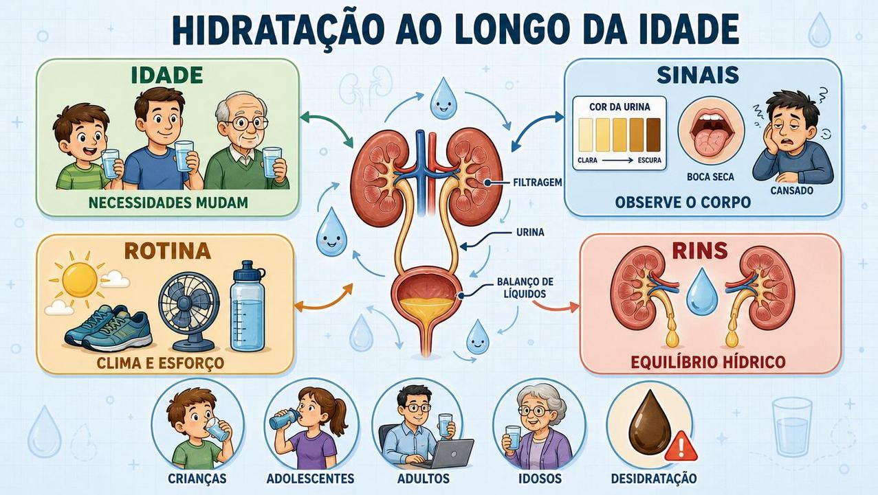 Idade, sinais, rotina e rins formam os pilares da hidratação.