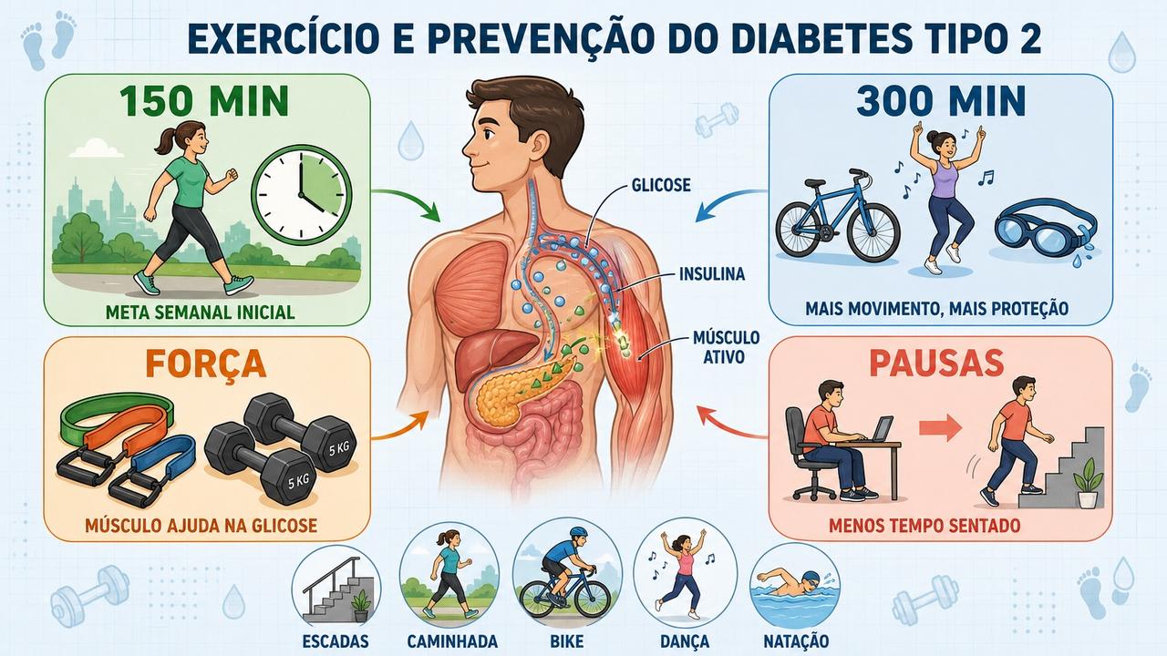 Meta semanal, força e pausas ativas reforçam a prevenção metabólica.