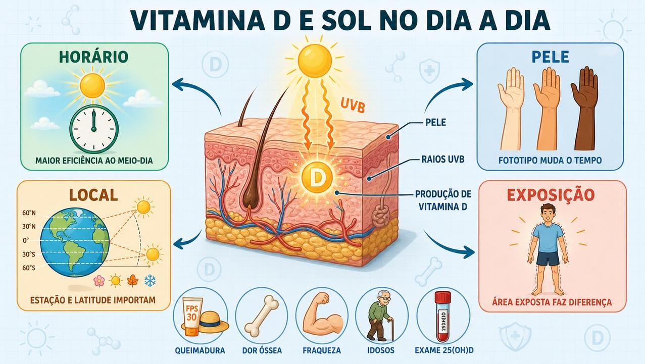 Horário, pele, local e área exposta influenciam a produção de vitamina D.