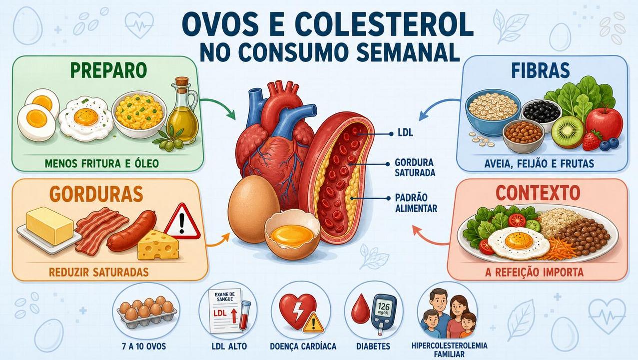 Fibras, preparo, gorduras e contexto orientam o consumo semanal de ovos.