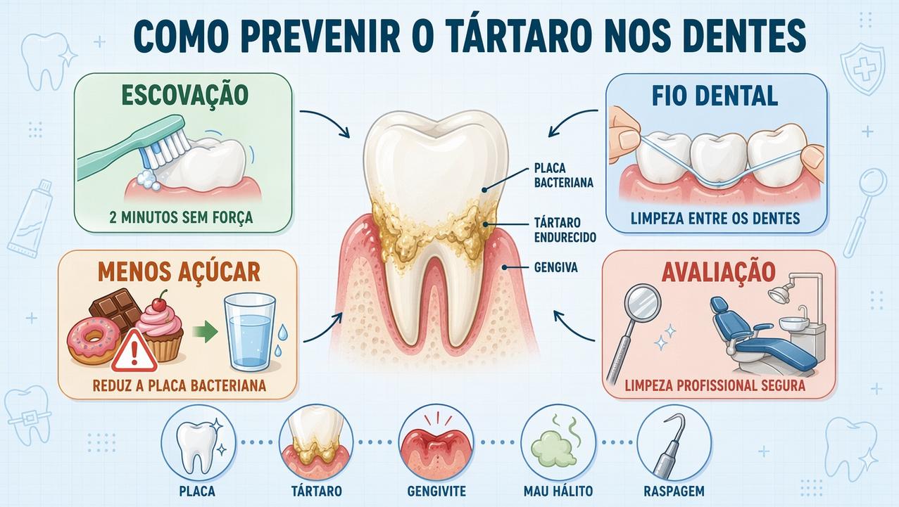 Quatro pilares para prevenir tártaro: escovação, fio dental, menos açúcar e avaliação.