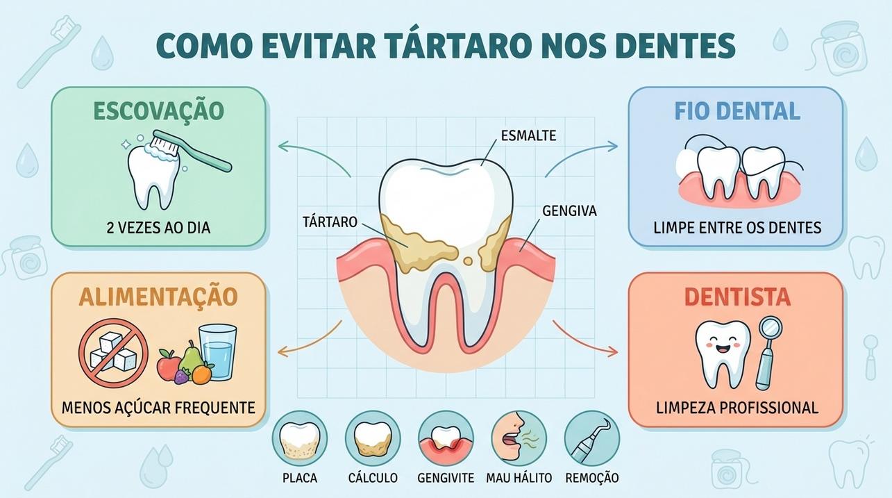 Escovação, fio dental, alimentação e dentista ajudam a prevenir novo tártaro.