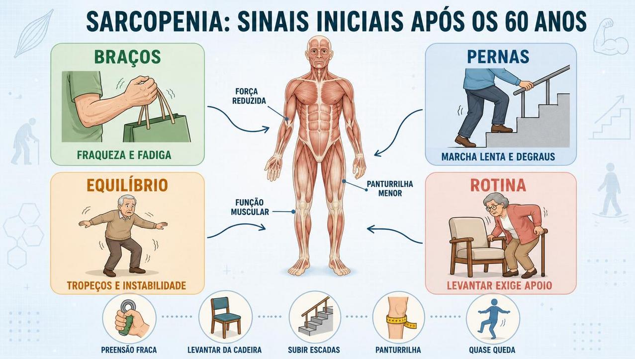 Infográfico mostra sinais iniciais da sarcopenia em força, marcha, equilíbrio e rotina.