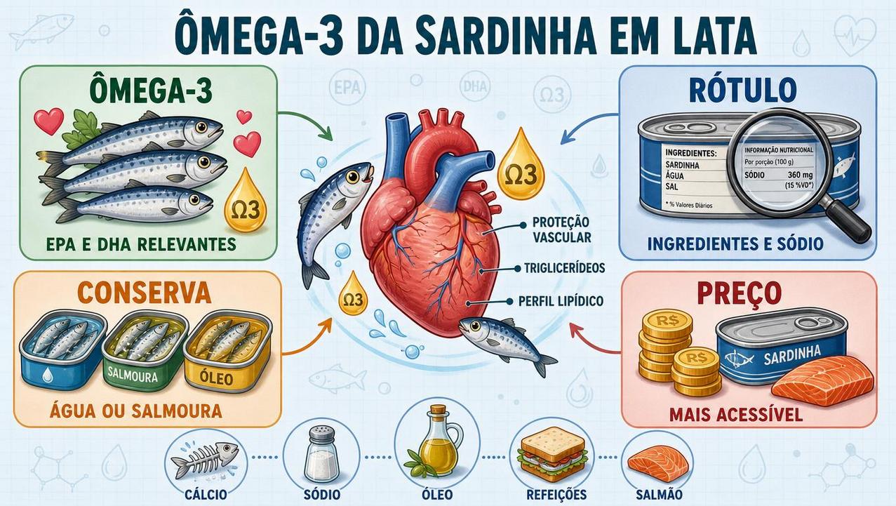 Infográfico resume ômega-3, rótulo, conserva e custo da sardinha em lata.