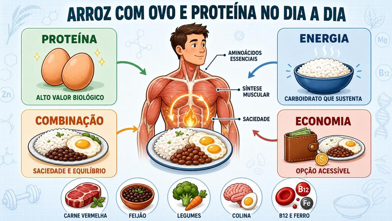 Infográfico mostra proteína, energia, saciedade e economia no prato com arroz e ovo.