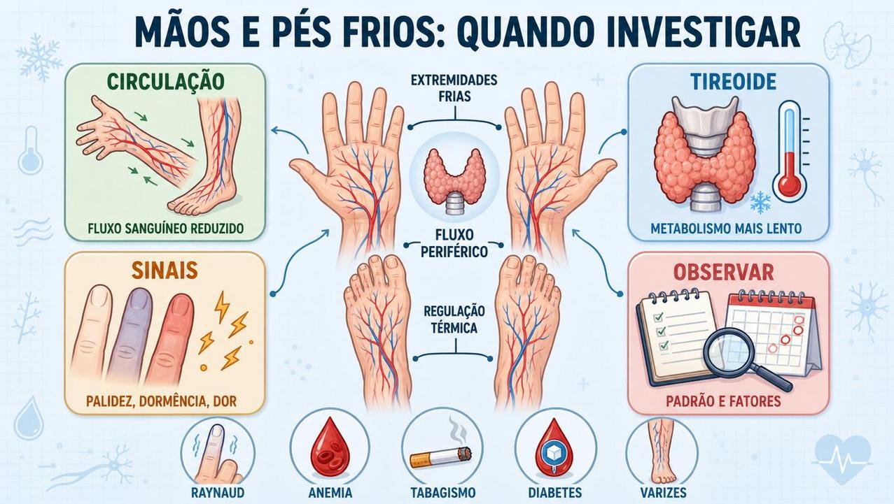 Infográfico resume causas, sinais e observações sobre mãos e pés frios.