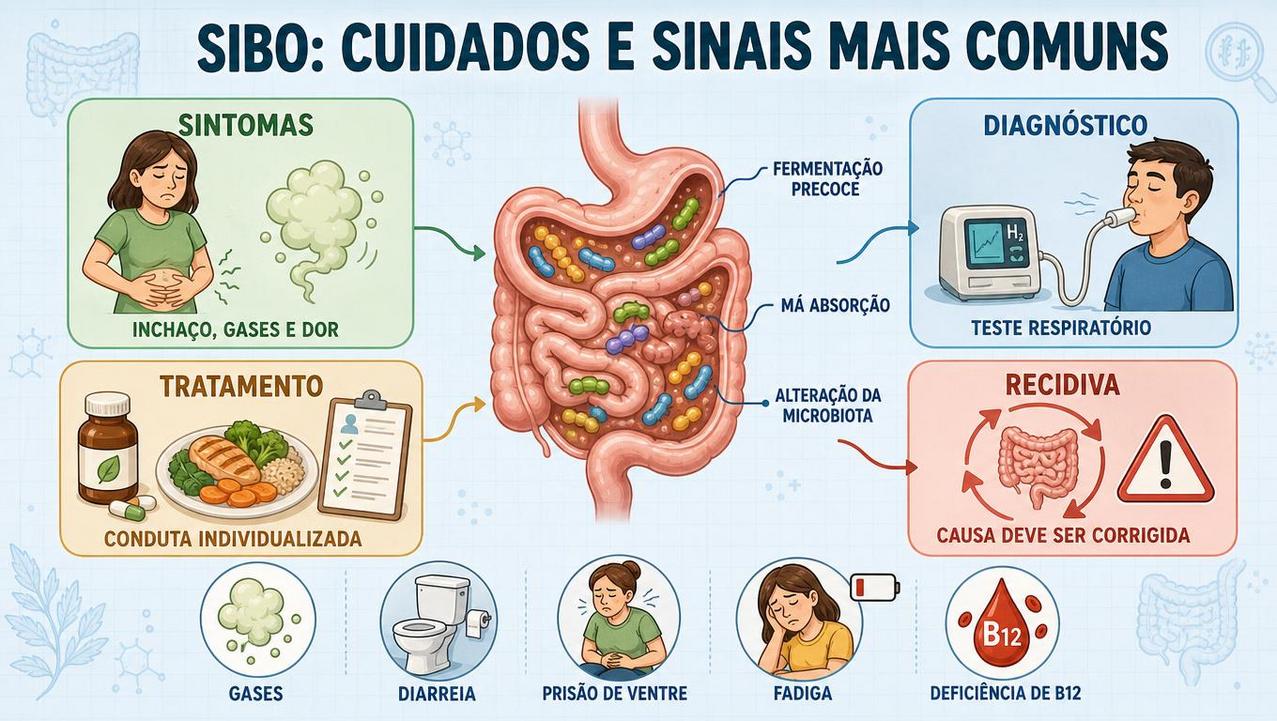 Infográfico resume sintomas, diagnóstico, tratamento e recidiva do supercrescimento bacteriano intestinal.
