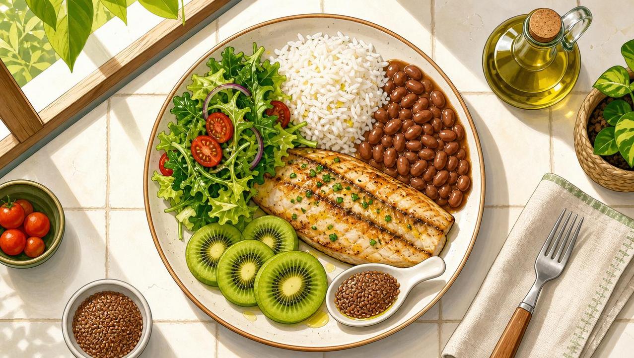 Refeição equilibrada reúne proteína, vitamina C e gorduras úteis às articulações.