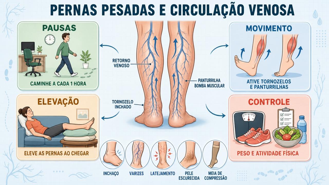 Quatro medidas ajudam a aliviar pernas pesadas e melhorar o retorno venoso.