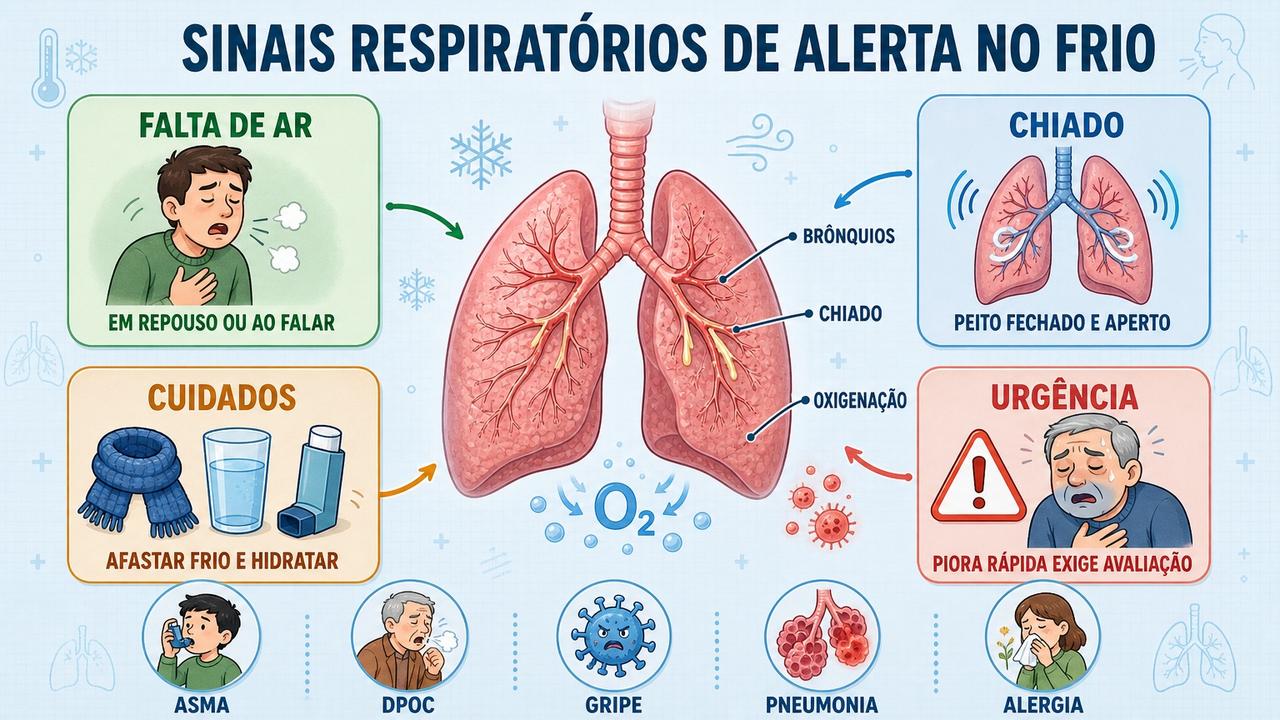 Infográfico mostra sinais de alerta, cuidados imediatos e principais riscos respiratórios.