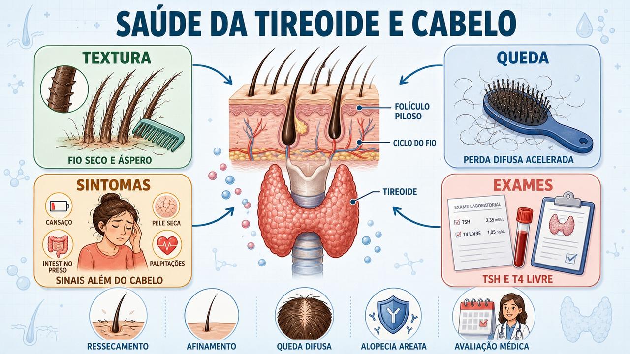 Textura, queda, sintomas e exames orientam a investigação capilar relacionada à tireoide.
