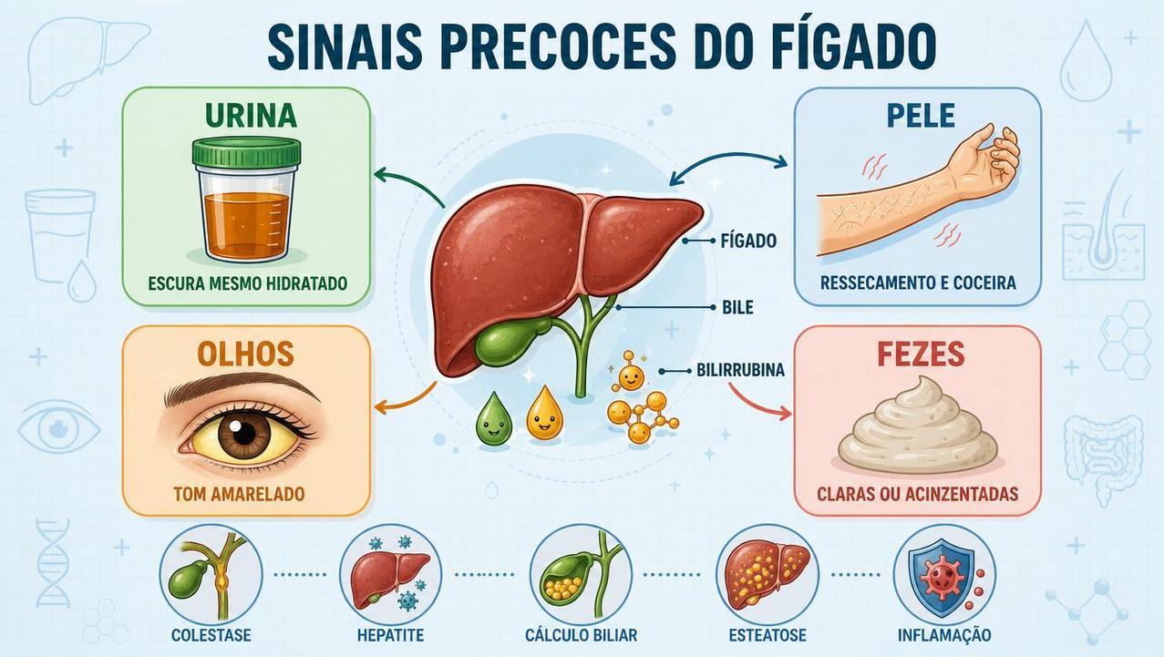 Quatro sinais de alerta hepático: urina, pele, olhos e fezes.