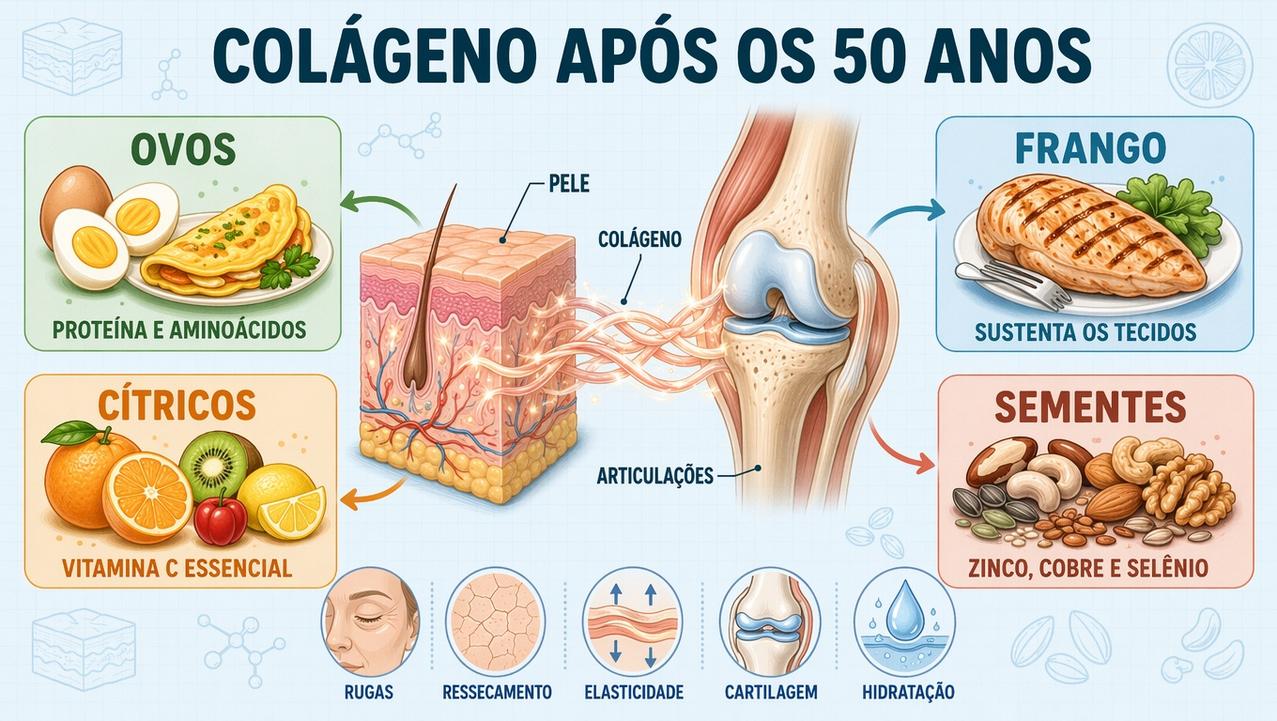 Quatro pilares alimentares apoiam a produção de colágeno após os 50.