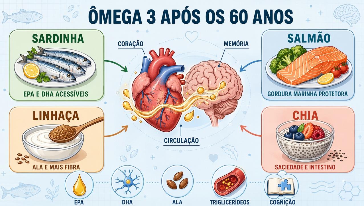 Infográfico resume as quatro fontes de ômega 3 e seus benefícios principais.