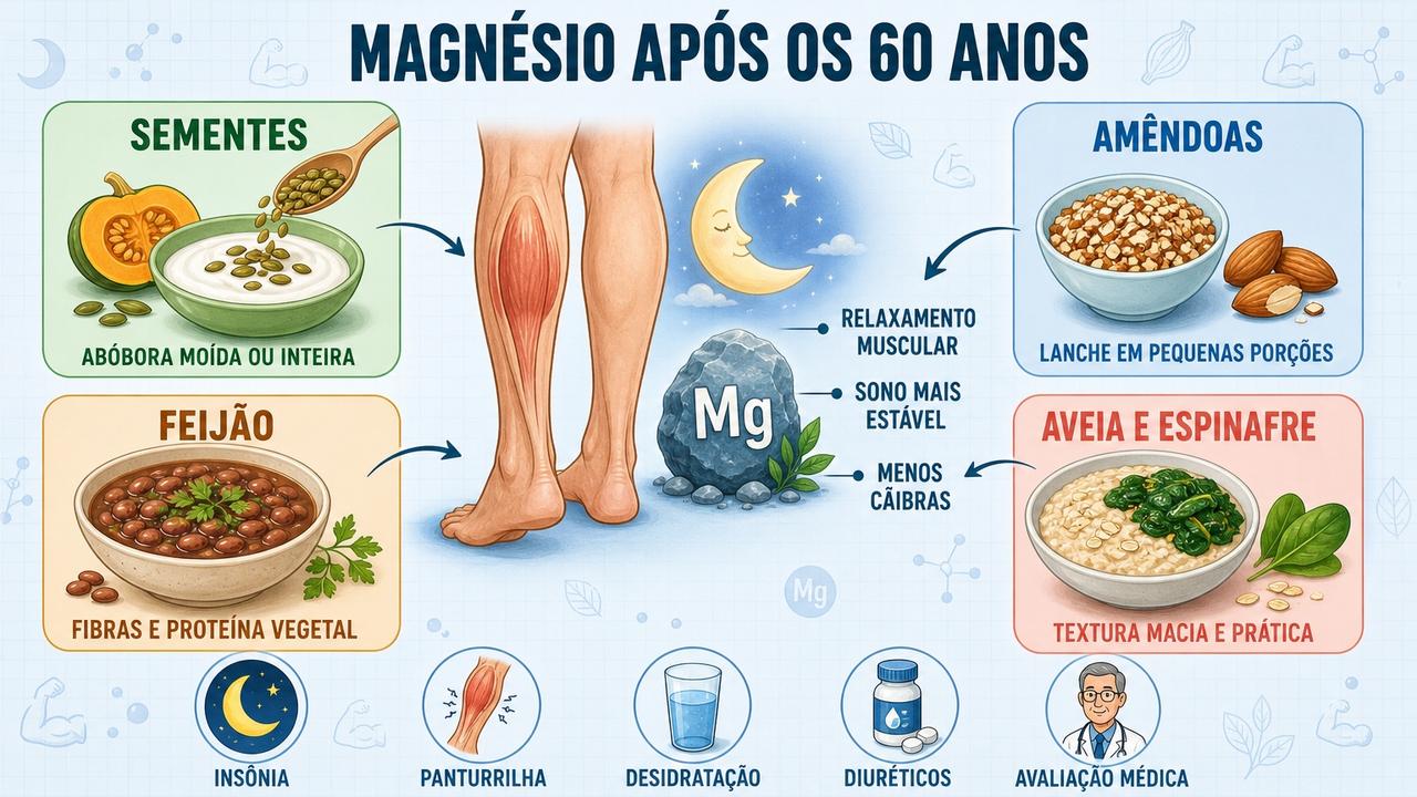 Sementes, amêndoas, feijão, aveia e espinafre apoiam sono e relaxamento muscular.